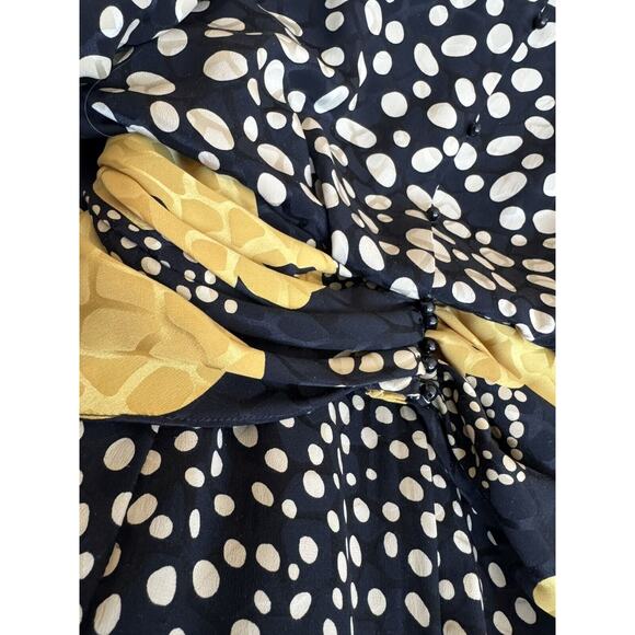 Vtg 80s 100% Silk Black Dress Yellow PolkaDot Ruched Blouson M 10 - Picture 13 of 13